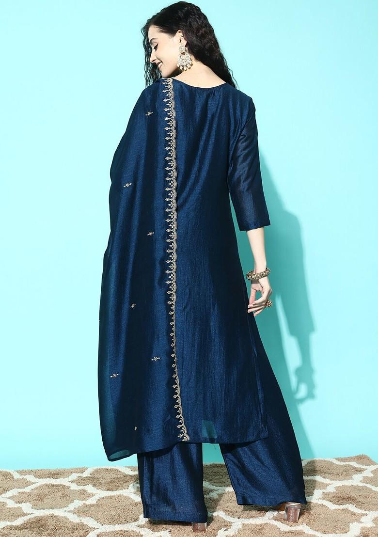Blue Geometric Embroidered Yoke Sequin Straight Kurta And Palazzo With Dupatta - Indya