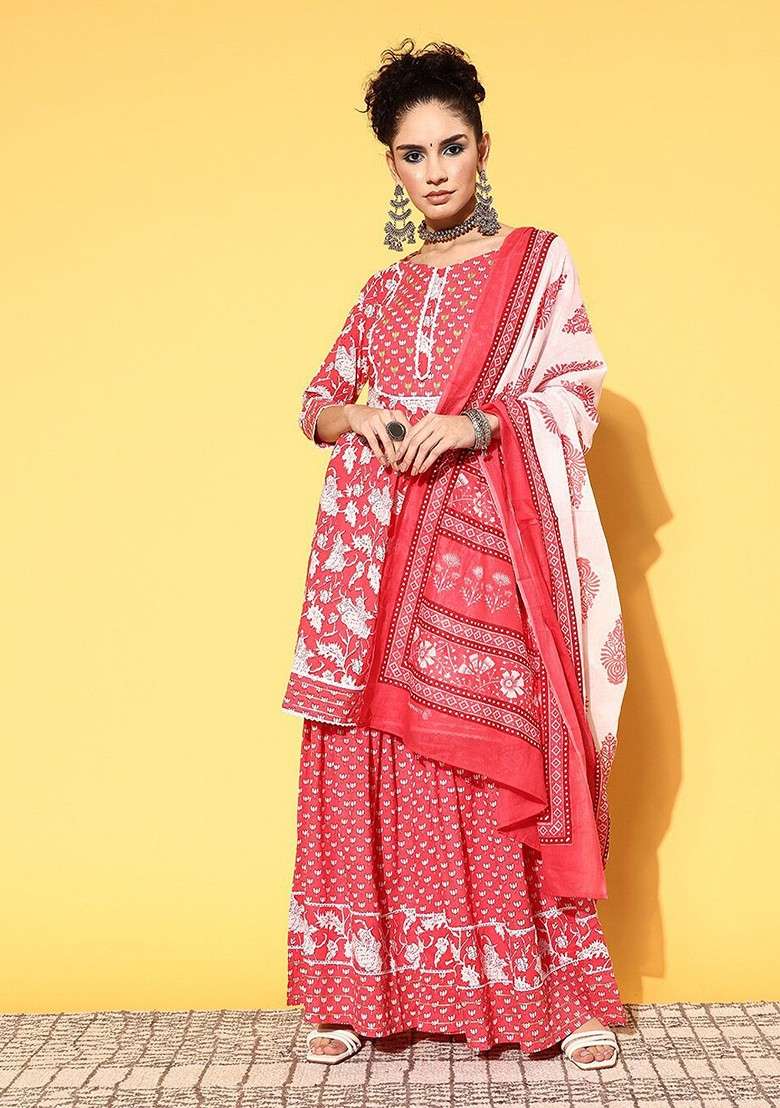Pink Printed Cotton Sharara Set - Indya