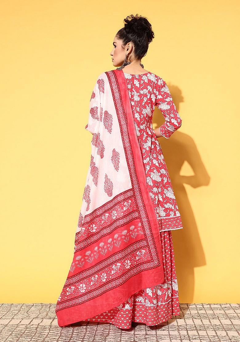 Pink Floral Print Kurta Sharara With Dupatta Pure Cotton Set