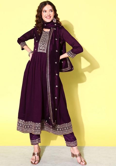 Purple Floral Embroidered Regular Sequin Anarkali Kurta With Trousers And Dupatta