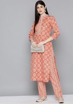 Orange Floral Print Regular Kurta With Trousers
