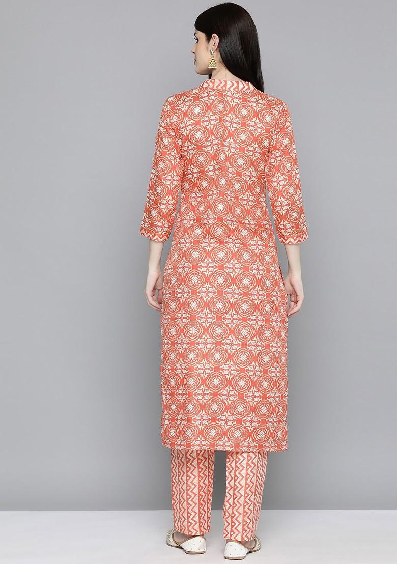 Orange Floral Print Regular Kurta With Trousers