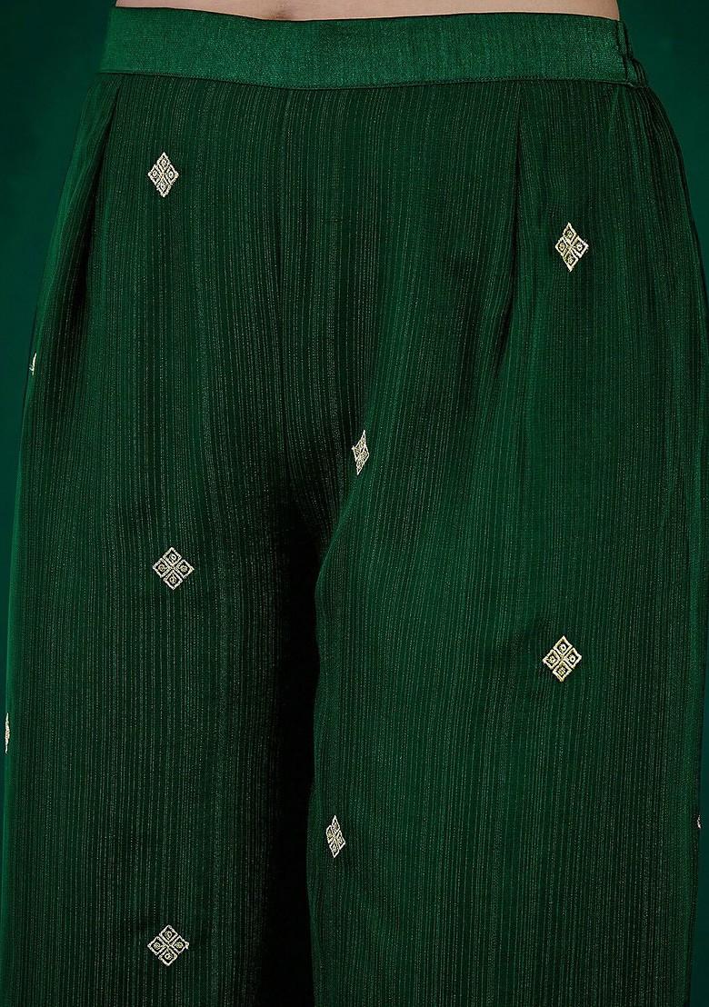 Green Ethnic Motifs Embroidered Pleated Sequin Kurta With Palazzos