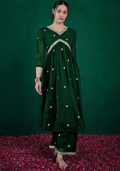 Green Ethnic Motifs Embroidered Pleated Sequin Kurta With Palazzos