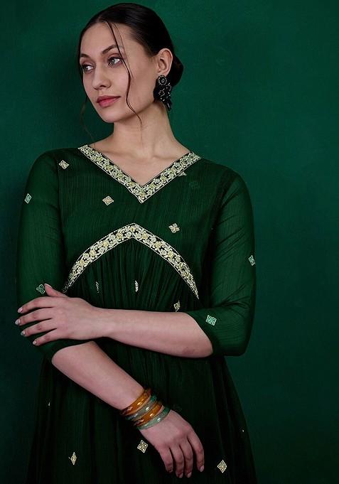 Green Ethnic Motifs Embroidered Pleated Sequin Kurta With Palazzos