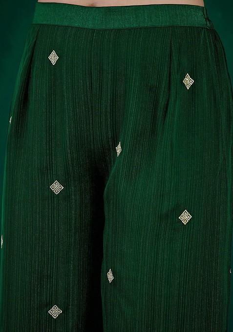 Green Ethnic Motifs Embroidered Pleated Sequin Kurta With Palazzos