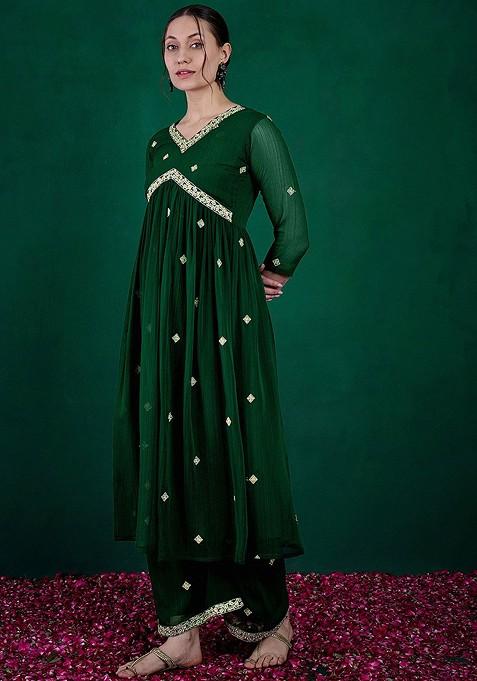 Green Ethnic Motifs Embroidered Pleated Sequin Kurta With Palazzos
