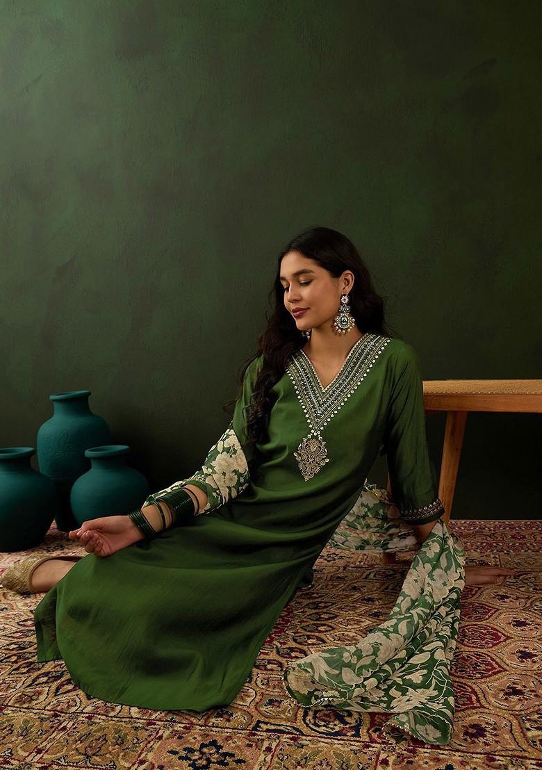 Green Floral Embroidered Kurta With Trousers And Dupatta