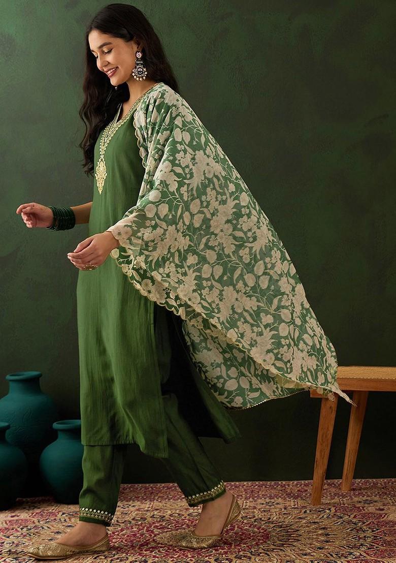 Green Floral Embroidered Kurta With Trousers And Dupatta