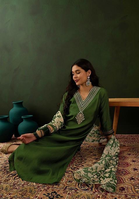 Green Floral Embroidered Kurta With Trousers And Dupatta
