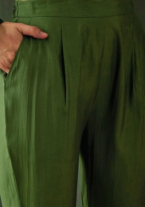 Green Floral Embroidered Kurta With Trousers And Dupatta