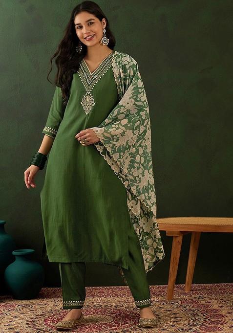 Green Floral Embroidered Kurta With Trousers And Dupatta