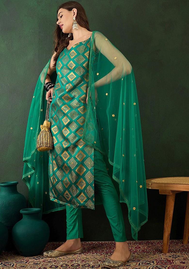 Green Geometric Kurta With Trousers And Dupatta