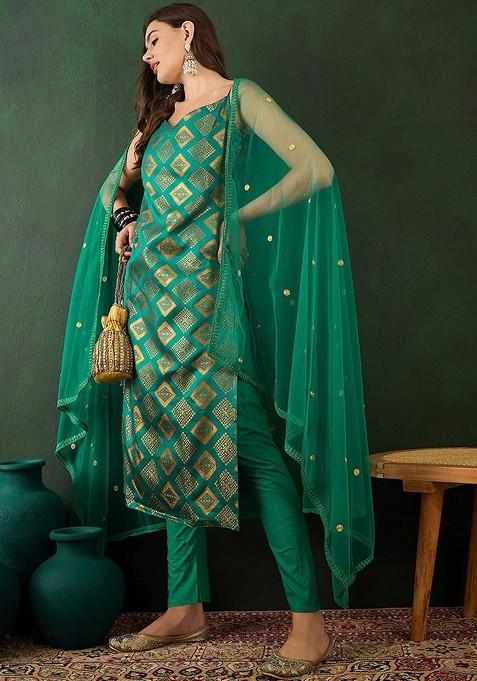 Green Geometric Kurta With Trousers And Dupatta