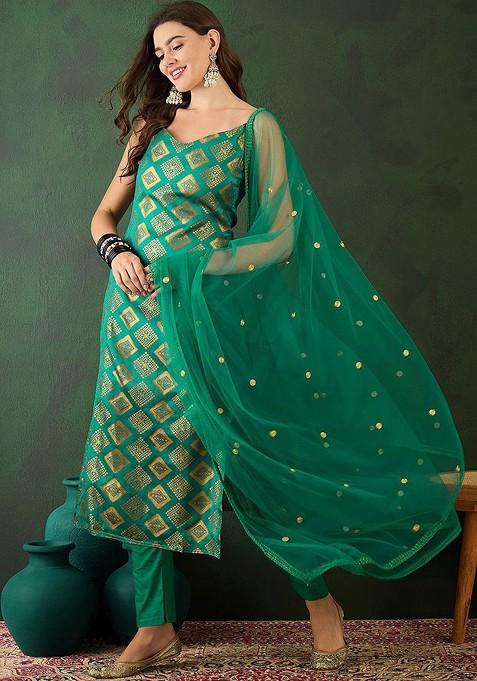 Green Geometric Kurta With Trousers And Dupatta