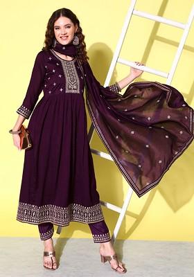 Purple Sequin Zari Embroidered Flared Kurta Trousers With Dupatta