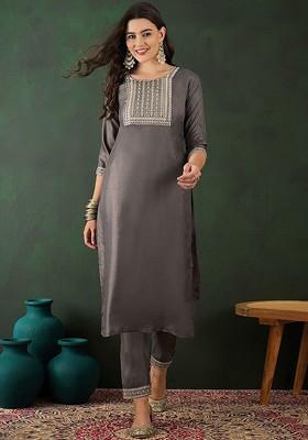 Grey Yoke Design Sequin Kurta With Trousers