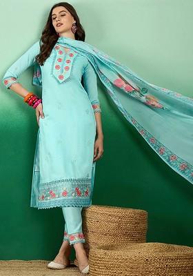 Blue Floral Embroidered Regular Straight Kurta With Trousers And Dupatta