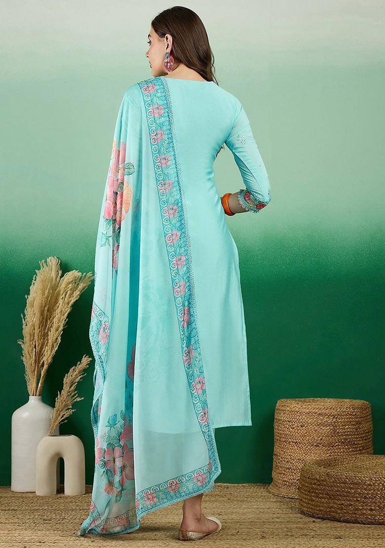 Blue Floral Embroidered Regular Straight Kurta With Trousers And Dupatta