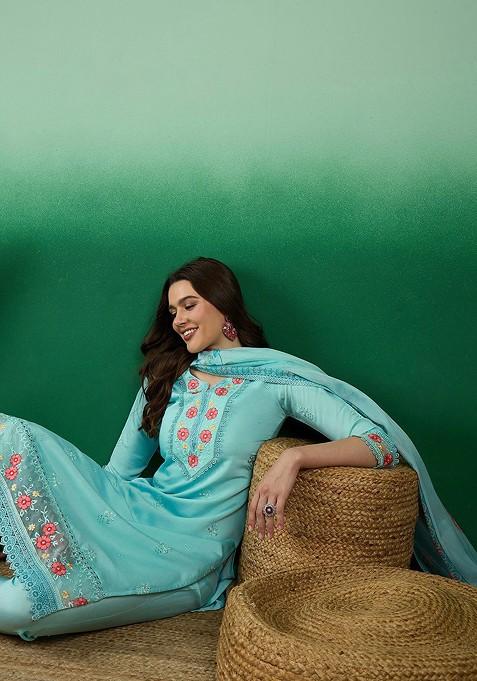 Blue Floral Embroidered Regular Straight Kurta With Trousers And Dupatta