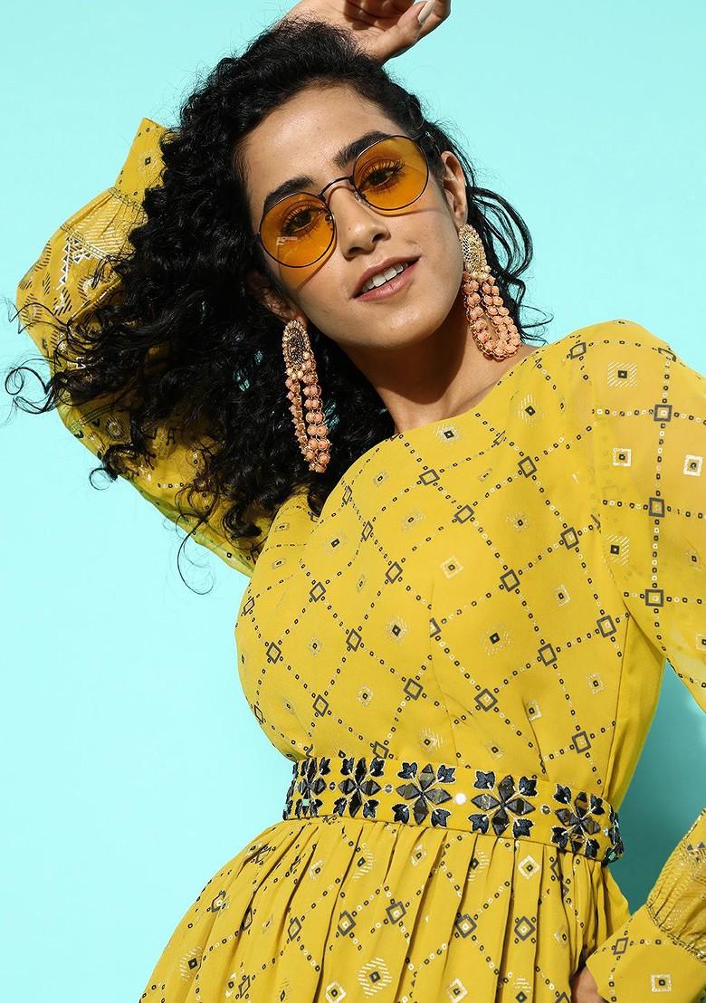 Green Printed Regular Mirror Work Kurta With Palazzos