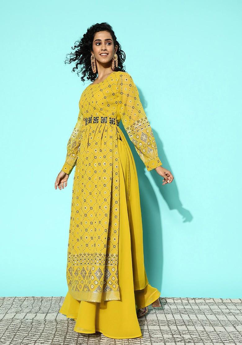 Green Printed Regular Mirror Work Kurta With Palazzos - Indya
