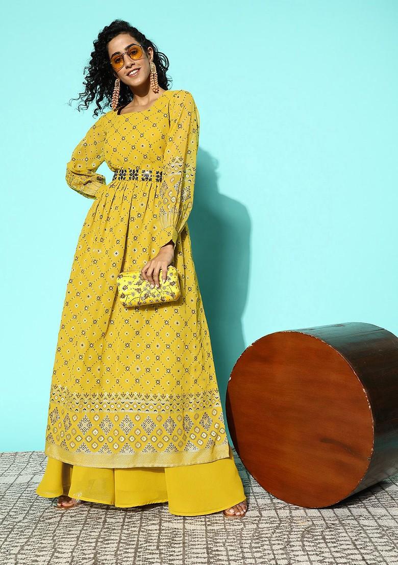 Green Printed Regular Mirror Work Kurta With Palazzos
