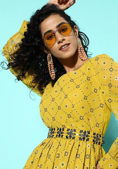 Green Printed Regular Mirror Work Kurta With Palazzos