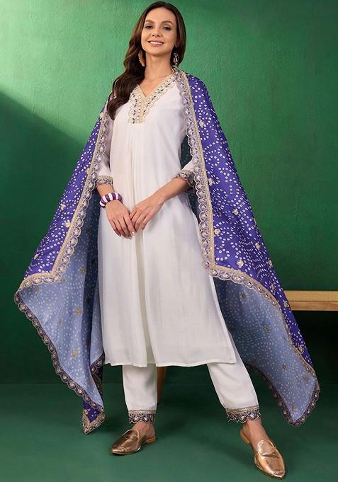 White Sequin Embroidered Straight Kurta With Trousers