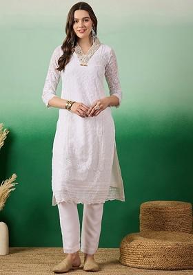 White Embroidered Straight Kurta With Trouser Set
