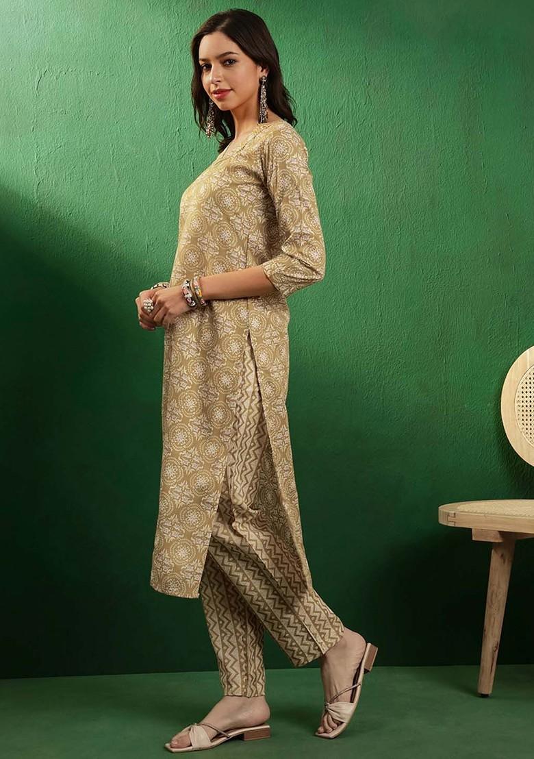 Yellow Floral Print Straight Three Quarter Sleeves Kurta And Trousers Set