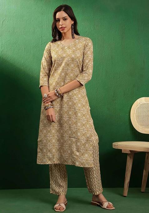 Yellow Floral Print Straight Three Quarter Sleeves Kurta And Trousers Set