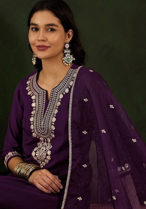 Magenta Floral Embroidered Notch Neck Straight Kurta With Trouser And Dupatta