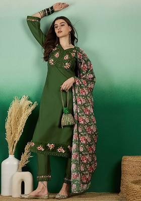 Green Floral Embroidered Straight Kurta With Trousers With Dupatta