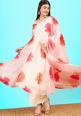 White Floral Digital Printed Organza Anarkali Kurta With Palazzos And Dupatta