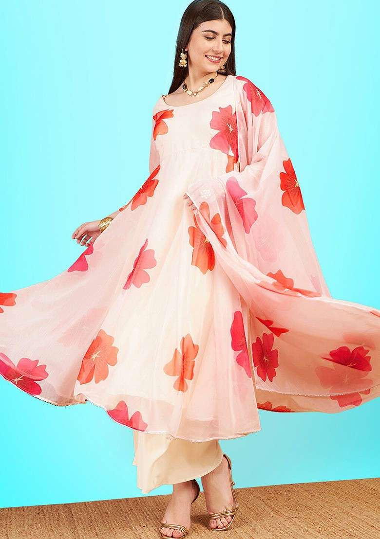 White Floral Print Organza Anarkali Set - Indya