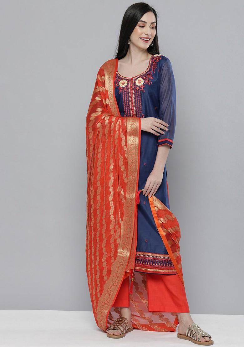 Navy Blue Ethnic Motifs Embroidered Chanderi Silk Kurta With Trousers And With Dupatta