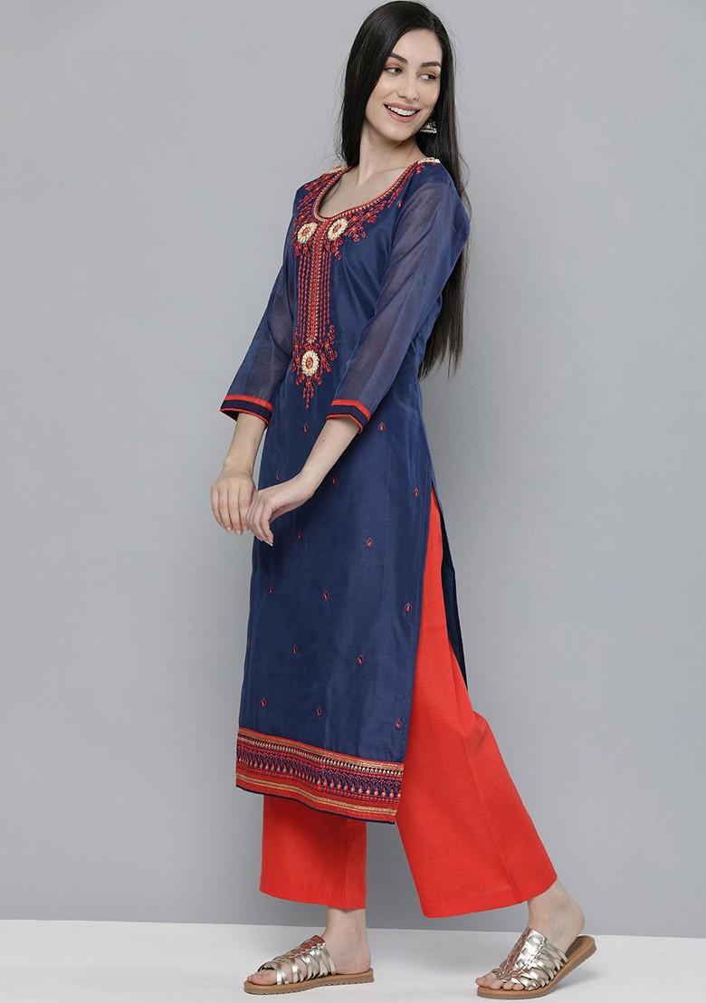 Navy Blue Ethnic Motifs Embroidered Chanderi Silk Kurta With Trousers And With Dupatta