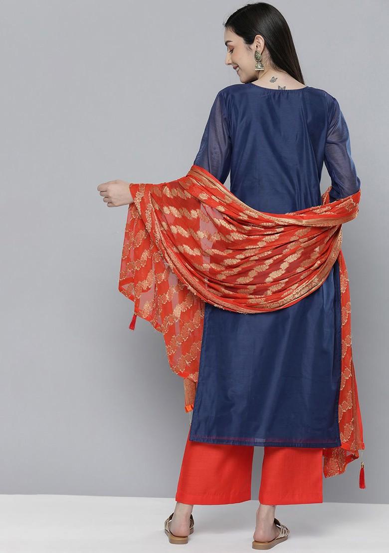 Navy Blue Ethnic Motifs Embroidered Chanderi Silk Kurta With Trousers And With Dupatta