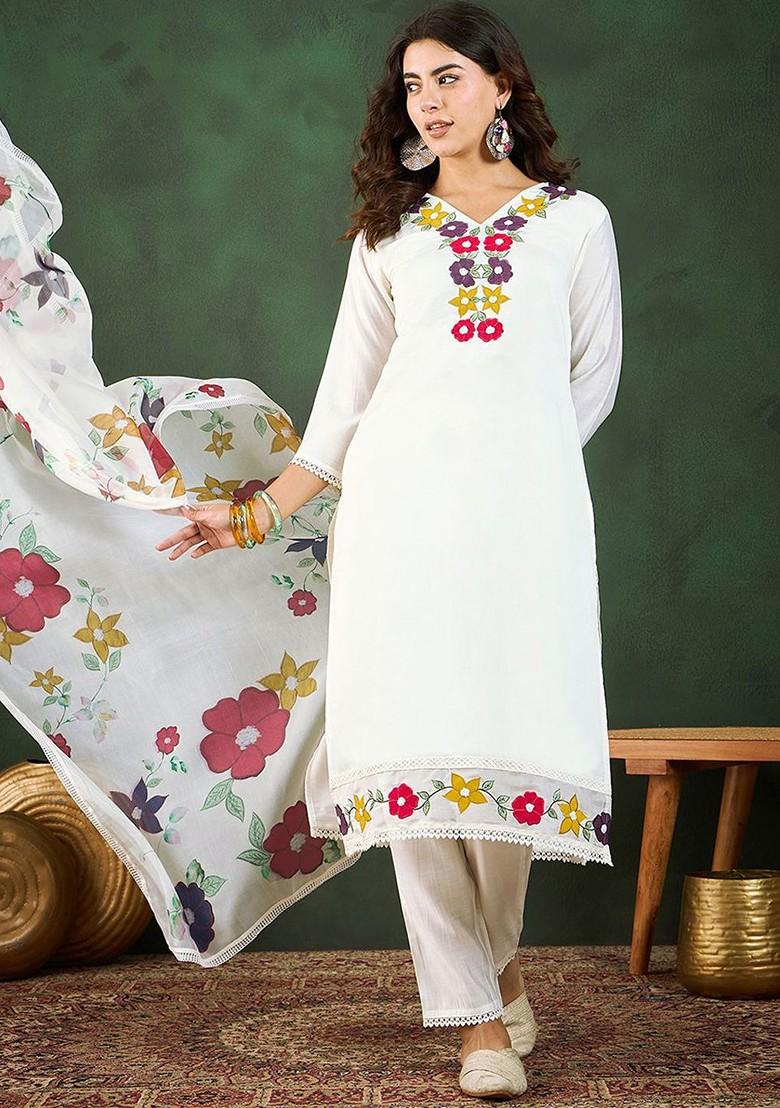 White Floral Applique Worked Straight Kurta With Trousers And Dupatta
