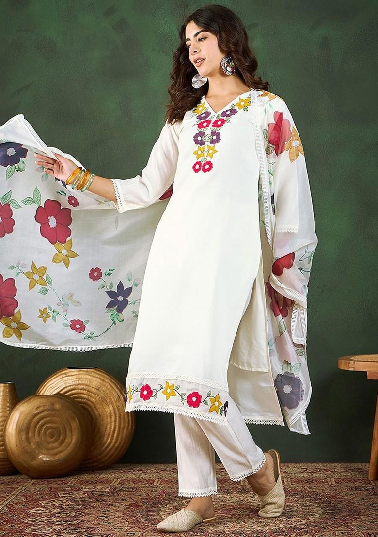 White Floral Applique Worked Straight Kurta With Trousers And Dupatta
