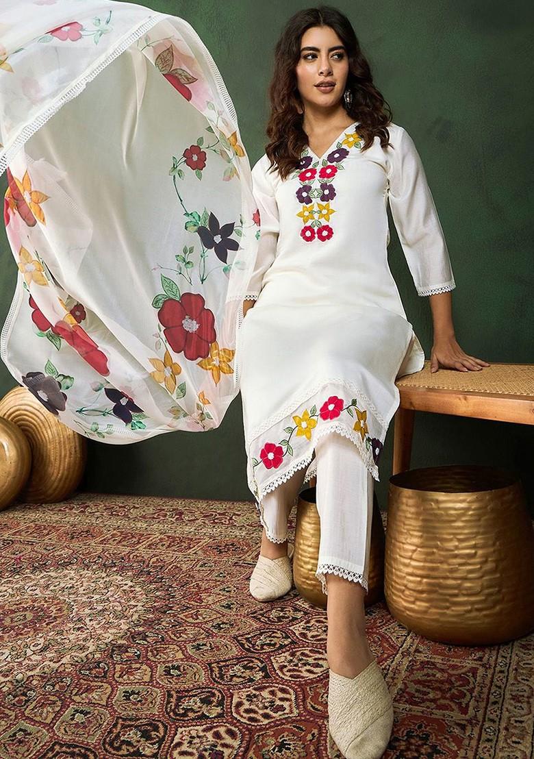 White Floral Applique Worked Straight Kurta With Trousers And Dupatta