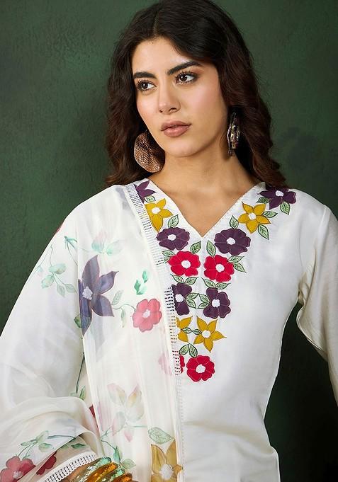White Floral Applique Worked Straight Kurta With Trousers And Dupatta