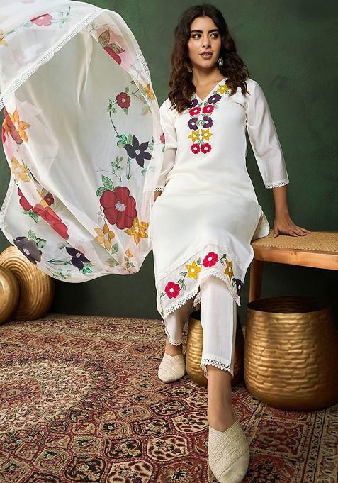 White Floral Applique Worked Straight Kurta With Trousers And Dupatta