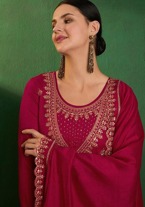 Pink Zari And Sequin Embroidered Anarkali Kurta With Trousers And Dupatta
