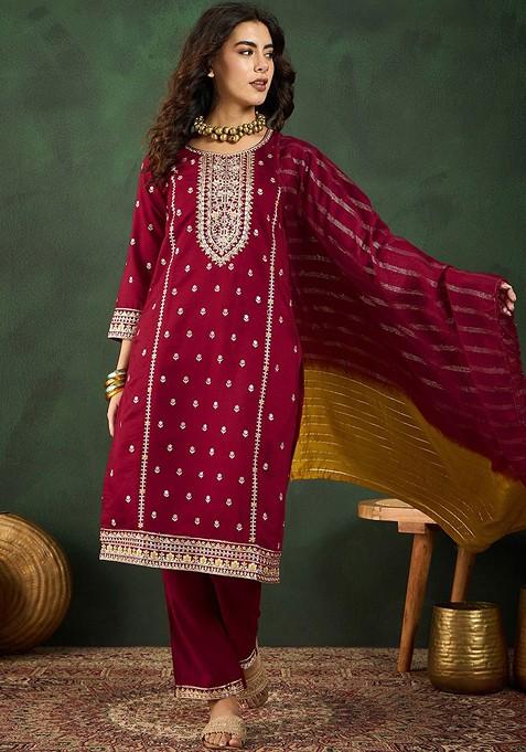 Maroon Embroidered Straight Kurta Set