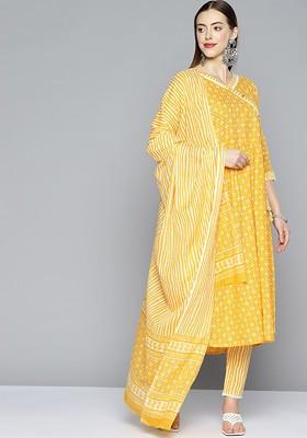 Yellow Ethnic Motifs Printed Panelled Pure Cotton Kurta With Trousers And With Dupatta
