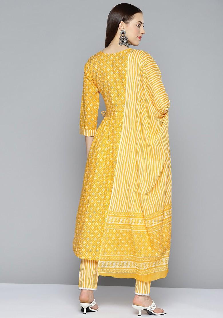 Yellow Ethnic Motifs Printed Panelled Pure Cotton Kurta With Trousers And With Dupatta