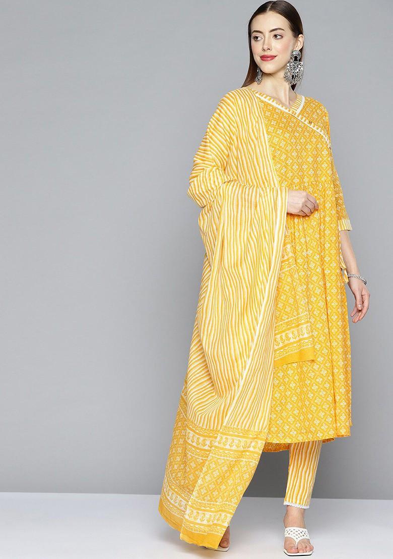 Yellow Ethnic Motifs Printed Angrakha Kurta With Trousers And Dupatta