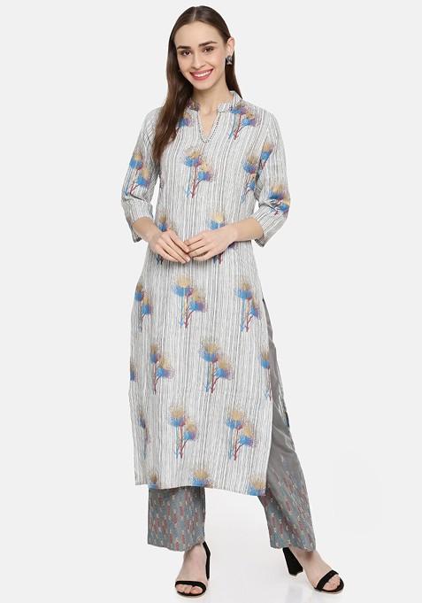 Grey And White Striped Blended Straight Kurta Set